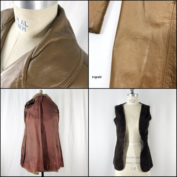 Vintage 70s Leather Jacket Brown Knee length Big Lapel - Picture 8 of 9